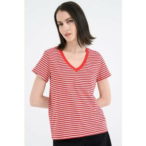 Tricou de bumbac cu decolteu in V - Rosu/Alb imagine