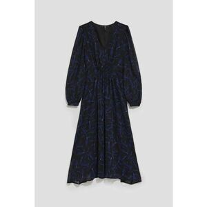 Rochie midi imprimeu frunze albastre - maneci bufante - Negru imagine