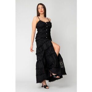 Rochie lunga cu nasturi si broderie Black 16351 - Negru imagine