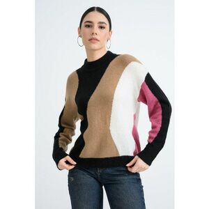 Pulover regular fit cu decolteu la baza gatului - Negru/Fucsia/Caramel imagine
