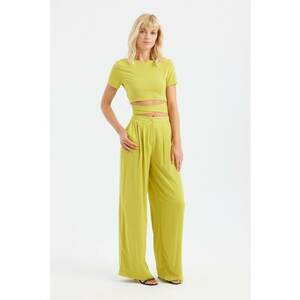 Compleu dama - 2 piese - top scurt si pantaloni largi plisati - verde lime - textil imagine