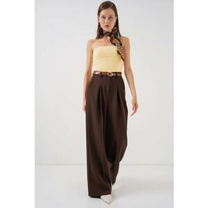 Pantaloni dama - HiCCUP - Palazzo plisati - talie inalta - maro moca - textil imagine