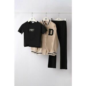 Set de tricou - jacheta si pantaloni - 3 piese - Negru/Bej imagine