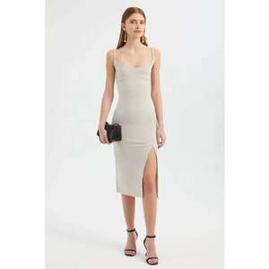 Rochie midi mulata - decolteu rotund - bretele spaghetti - crapatura laterala - bej - jerseu imagine