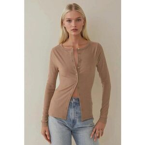 Top dama - slim fit - decolteu in V - maneca lunga - maro - bumbac imagine