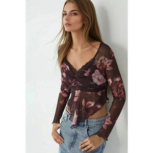 Bluza dama florala slim fit rosu - Visiniu imagine