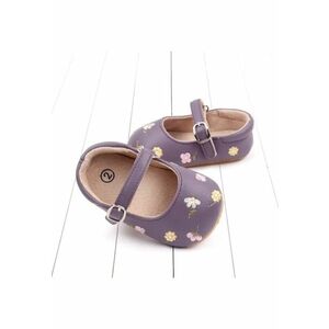 Pantofi Cu Floricele Colorate Brodate - Casual - Piele ecologica - Fete - Velcro - Mov imagine