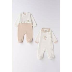 Set de salopete din amestec de bumbac cu botosei - 2 piese - Alb fildes/Maro nisip imagine