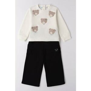 Set de bluza de trening si pantaloni cu aplicatii urs - Alb fildes/Negru/Maro taupe deschis imagine