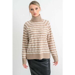 Pulover din lana cu guler inalt si model torsade - Alb/Maro deschis imagine