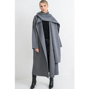 Palton lung din amestec de lana cu esarfa - fara inchidere - Gri inchis imagine