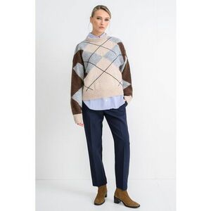 Pulover din amestec de lana alpaca cu model in carouri - Maro inchis/Maro/Gri deschis imagine