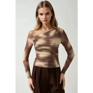 Bluza dama - decolteu asimetric - poliester/elastan - maro/bej imagine