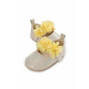 Pantofi Metalizat - Cu Floricele Galbene - Casual - Textil - Fete - Velcro - Ivoire imagine