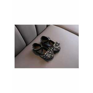 Pantofi Cu Perlute Albe Si Strasuri - Elegant - Piele ecologica - Fete - Velcro - Negru imagine