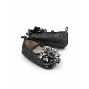 Pantofi Eleganti - Cu Sclipici Si Floare Argintie - Piele ecologica - Fete - Banda elastica - Negru imagine