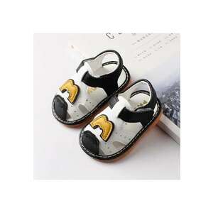 Sandale Cu Piuitoare - Model Litera M - Piele Ecologica - Velcro - Baieti - Alb - Negru - 18 - Alb/Negru imagine