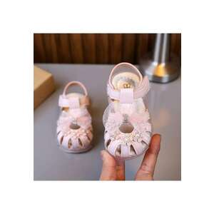 Sandale AL Elegante - Model cu floricele si fundita - Piele ecologica - Velcro - Fete - Roz - Roz imagine