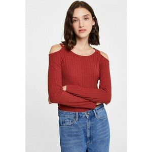 Pulover cu decupaj pe umar si decolteu rotund - Caramiziu imagine