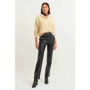 Pantaloni drepti de piele ecologica cu cusaturi frontale - Negru imagine