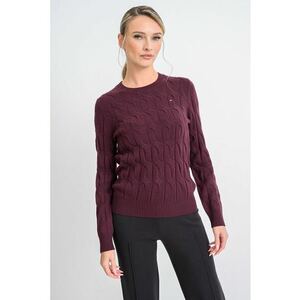 Pulover din lana cu guler rotund si model torsade - Violet tyrian imagine