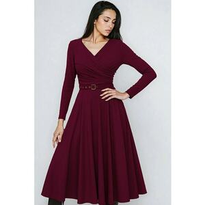 Rochie midi din amestec de lyocell cu croiala evazata si curea in talie - Visiniu imagine