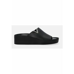 Papuci din piele cu talpa wedge si detaliu cu logo imagine