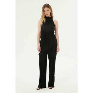 Set 2 piese - bluza asimetrica plisata cu guler inalt - pantaloni palazzo plisati - negru - jerseu imagine
