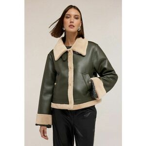 Palton din blana shearling sintetica cu doua buzunare - Kaki inchis/Crem imagine