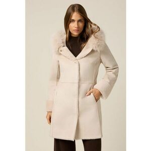 Palton lung din blana shearling sintetica cu gluga - Crem imagine
