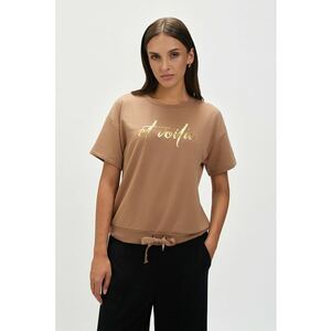 Tricou cu imprimeu si maneci cazute - Auriu/Maro deschis imagine