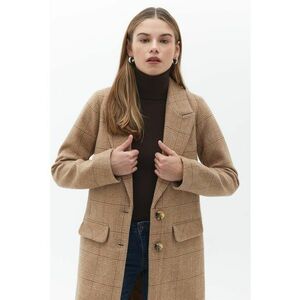 Palton din amestec de lana cu model in carouri - Maro taupe imagine