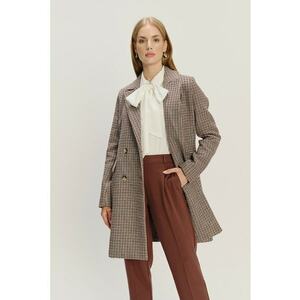 Palton din amestec de lana - cu model in carouri si revere decupate - Negru/Maro imagine