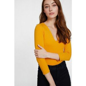 Bluza slim fit cu decolteu in V si maneci trei sferturi - Maro deschis imagine