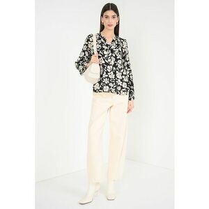Bluza cu model floral si decolteu in V - Alb fildes/Negru imagine