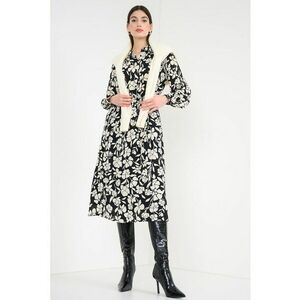 Rochie cu guler clasic si model floral - Alb fildes/Negru imagine