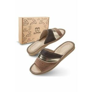 Slapi de dama - SLIP117 - pentru casa - maro cu bareta aurie - confortabili - in cutie ecologica - marimea imagine