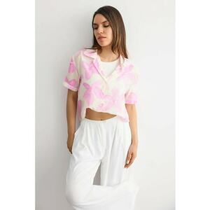 Camasa scurta cu imprimeu floral - roz - organza - pentru primavara-vara imagine