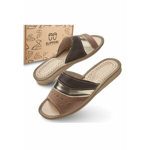 Slapi de dama - SLIP117 - pentru casa - maro cu bareta aurie - confortabili - in cutie ecologica - - Maro imagine