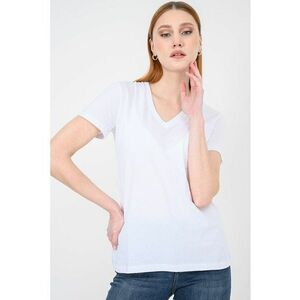 Tricou de bumbac cu decolteu in V si logo discret - Alb optic imagine