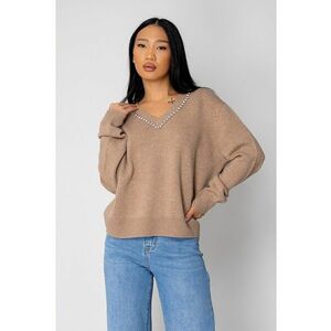 Pulover cu strasuri din lana si casmir Beige Beige imagine