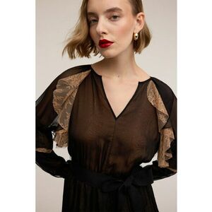 Rochie scurta cu volane - Negru stins/Maro camel imagine
