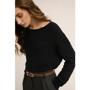 Pulover striat cu decolteu barcuta - Negru imagine