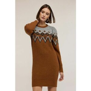 Rochie-pulover cu model geometric - Gri melange/Caramel imagine