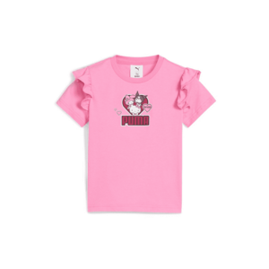 Tricou din bumbac cu volane si imprimeu - Alb/Roz zmeuriu/Roz pastel imagine