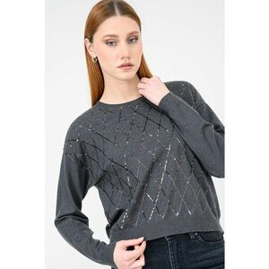 Pulover cu model cu paiete - Gri inchis melange imagine