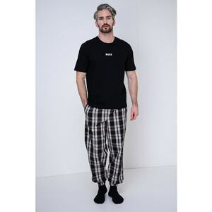 Pijama de bumbac cu imprimeu logo si carouri - Alb/Maro/Negru imagine