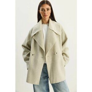 Palton dama - jacheta oversize cu nasturi si guler - bej natural - textil imagine