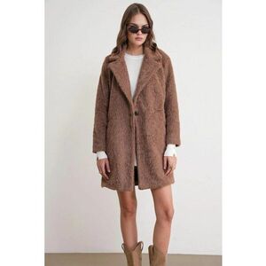 Palton lung texturat - guler de jacheta - maro mocha - textil imagine