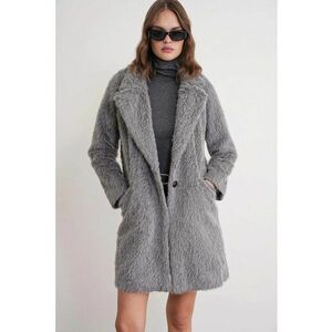 Palton lung texturat gri - material textil imagine